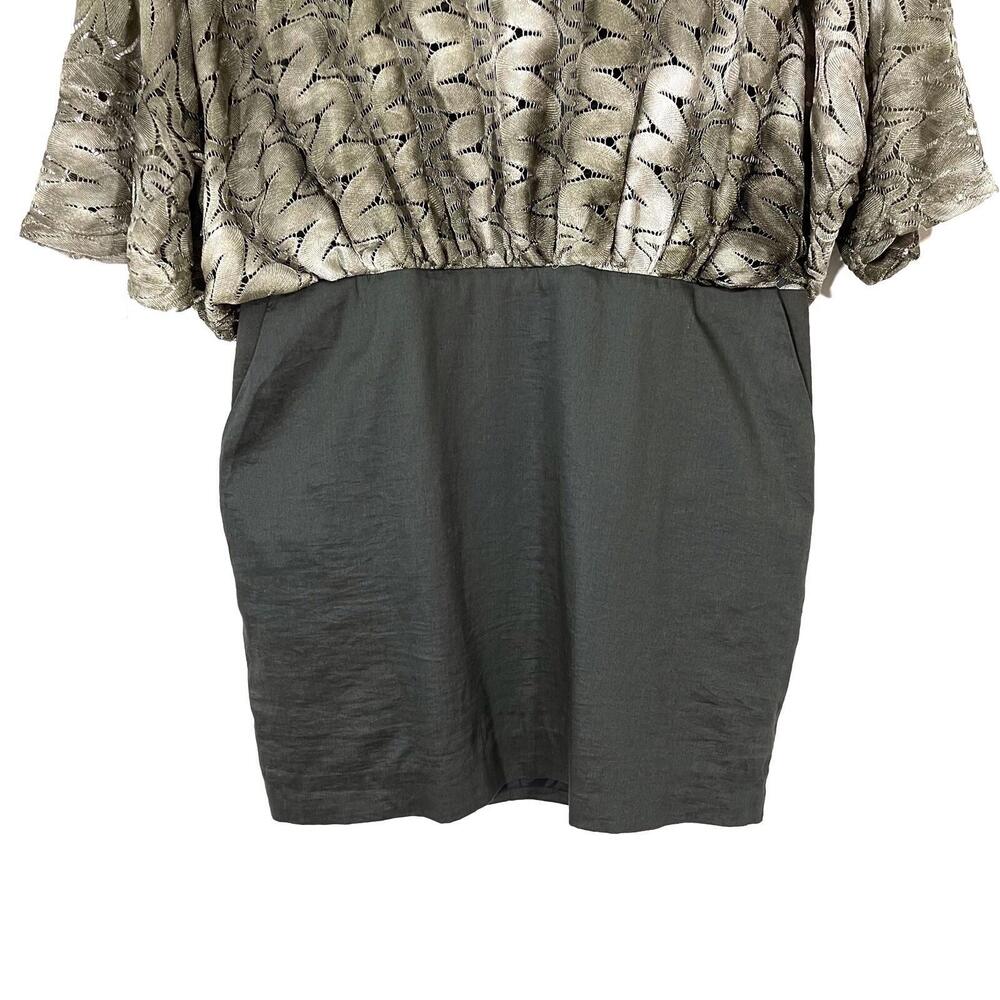 Black Halo Women’s Size 12 Large Grey Metallic Lace Blouson Top Dress Pockets - Picture 3 of 12